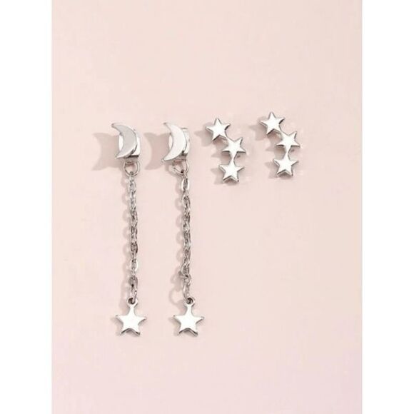 SILVER MOON AND STAR CHAIN DANGLE EARRINGS - 4 PIECE SET - Picture 2 of 5